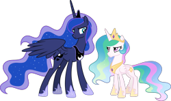 Size: 7377x4357 | Tagged: safe, artist:inaactive, princess celestia, princess luna, alicorn, pony, g4, absurd resolution, celestia is not amused, clothes, crown, envy, folded wings, jewelry, necklace, regalia, role reversal, shoes, show accurate, simple background, size difference, smallestia, smug, spread wings, talluna, transparent background, ultimate luna, unamused, vector, wings