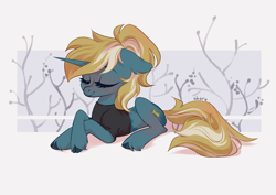 Size: 4093x2894 | Tagged: safe, artist:shore2020, oc, oc only, oc:maple parapet, pony, unicorn, clothes, eyes closed, female, lying down, mare, prone, shirt, solo
