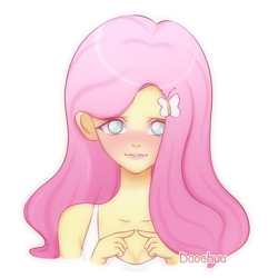 Size: 768x768 | Tagged: safe, alternate version, artist:daochuu146, fluttershy, equestria girls, g4, blushing, bust, clothes, female, hairclip, smiling, solo