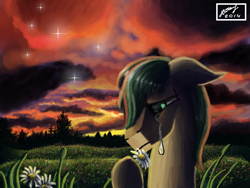 Size: 680x512 | Tagged: safe, artist:dreamyskies, oc, oc only, oc:dreamer skies, pegasus, pony, bust, cloud, cloudy, crying, daisy (flower), dark background, dark clouds, depression, flower, forest, grass, grass field, pegasus oc, portrait, sad, scenery, signature, solo, sparkles, sunset, teary eyes, tree, upset