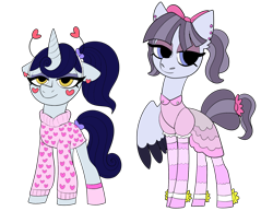 Size: 2069x1600 | Tagged: safe, artist:icicle-niceicle-1517, artist:northernlightsone, color edit, edit, inky rose, moonlight raven, pegasus, pony, unicorn, g4, alternate hairstyle, anklet, bow, bracelet, clothes, collaboration, colored, deely bobbers, dress, duo, ear piercing, earring, eyeshadow, female, girly, hair bow, hairband, heart, jewelry, makeup, mare, piercing, ponytail, simple background, socks, striped socks, sweater, transparent background