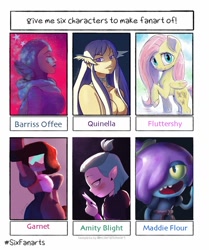 Size: 900x1076 | Tagged: safe, artist:grissaecrim, fluttershy, frog, gem (race), human, humanoid, mirialan, pegasus, pony, anthro, g4, abomination track, amity blight, amphibia, anthro with ponies, barriss offee, clothes, crossover, dyed hair, female, fusion, garnet (steven universe), gauntlet, gem fusion, maddie flour, mare, quinella, raised hoof, school uniform, six fanarts, star wars, star wars: the clone wars, steven universe, sword art online, the owl house, weapon, witch
