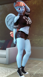 Size: 2160x3840 | Tagged: safe, artist:foxventus, windy whistles, pegasus, anthro, plantigrade anthro, g4, 3d, arm behind head, belly button, breasts, busty windy whistles, clothes, converse, female, high res, looking back, midriff, milf, shirt, shoes, source filmmaker