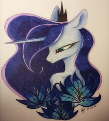 Size: 1080x1200 | Tagged: safe, artist:_quantumness_, princess luna, alicorn, pony, g4, ethereal mane, female, flower, mare, signature, solo, starry mane, traditional art