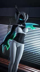 Size: 2160x3840 | Tagged: safe, artist:jacob_lhh3, oc, oc only, oc:dragonfly, changeling, anthro, 3d, changeling oc, clothes, female, glowing eyes, glowing wings, high res, indoors, nexgen, pants, ponytail, solo, source filmmaker, stretching, tattoo, window, wings, yawn, yoga pants