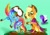 Size: 1120x790 | Tagged: safe, artist:katkatdesign, applejack, rainbow dash, rarity, twilight sparkle, earth pony, pegasus, pony, unicorn, g4, eyelashes, female, green background, grin, hat, makeup, mare, mud, ponies riding ponies, rearing, riding, simple background, smiling