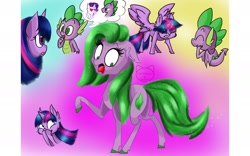 Size: 1920x1200 | Tagged: safe, artist:katkatdesign, rarity, spike, twilight sparkle, alicorn, dragon, earth pony, pony, unicorn, g4, :o, abstract background, barb, female, glowing horn, heart eyes, horn, laughing, looking down, male to female, mare, open mouth, ponified, ponified barb, ponified spike, raised hoof, rule 63, species swap, surprised, transformation, transgender transformation, twilight sparkle (alicorn), wingding eyes, winged spike, wings
