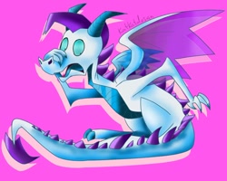 Size: 1250x1000 | Tagged: safe, artist:katkatdesign, rarity, dragon, pony, g4, dragonified, elusive, implied transformation, male, pink background, raridragon, rule 63, signature, simple background, solo, species swap, wings