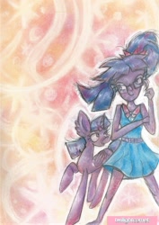 Size: 1237x1748 | Tagged: safe, artist:twilightcomet, twilight sparkle, alicorn, pony, equestria girls, g4, abstract background, clothes, duo, female, glasses, human paradox, mare, raised hoof, skirt, smiling, traditional art, twilight sparkle (alicorn)