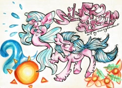 Size: 1891x1369 | Tagged: safe, artist:twilightcomet, silverstream, classical hippogriff, hippogriff, pony, seapony (g4), g4, duality, duo, duo female, female, flower, jewelry, necklace, seapony silverstream, sun, traditional art