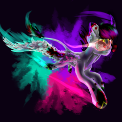 Size: 2000x2000 | Tagged: safe, artist:kiwwsplash, oc, oc only, pegasus, pony, abstract background, flying, goggles, high res, pegasus oc, solo, sombra eyes, wings