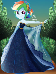 Size: 960x1280 | Tagged: safe, artist:saltymango, rainbow dash, equestria girls, g4, alternate clothes, alternate hairstyle, bracelet, clothes, cute, dashabetes, dress, female, hair bun, jewelry, looking at you, rainbow dash always dresses in style, smiling, solo, sunset