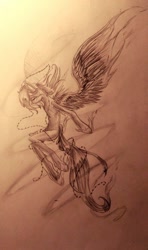 Size: 576x971 | Tagged: safe, artist:kiwwsplash, oc, oc only, pegasus, pony, eyes closed, flying, pegasus oc, signature, solo, traditional art, wings