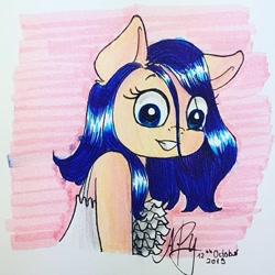 Size: 701x701 | Tagged: safe, artist:galaxy.in.mind, artist:katputze, oc, oc only, earth pony, anthro, clothes, draw this in your style, earth pony oc, female, grin, signature, smiling, solo, traditional art