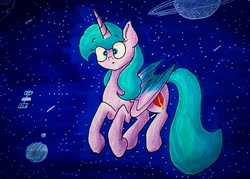 Size: 1080x774 | Tagged: safe, artist:galaxy.in.mind, oc, oc only, alicorn, pony, alicorn oc, female, floating, flying, horn, jupiter, mare, solo, space, stars, wings, zero gravity