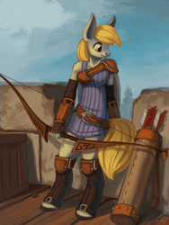 Size: 900x1200 | Tagged: safe, artist:lexx2dot0, part of a set, derpy hooves, anthro, unguligrade anthro, g4, archer, arrow, bow (weapon), bow and arrow, fantasy class, female, gauntlet, greaves, leather, quiver, solo, tower, weapon