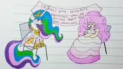 Size: 1080x608 | Tagged: safe, artist:galaxy.in.mind, princess celestia, alicorn, gem (race), pony, g4, banner, crossover, disguise, disguised diamond, duo, duo female, female, hoof shoes, jewelry, lined paper, mare, peytral, rose quartz (steven universe), sitting, solo, spoilers in description, steven universe, tiara, traditional art