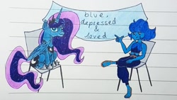 Size: 1037x584 | Tagged: safe, artist:galaxy.in.mind, princess luna, alicorn, gem (race), pony, g4, banner, chair, crossover, duo, duo female, female, hoof shoes, jewelry, lapis lazuli (steven universe), lined paper, mare, peytral, sitting, solo, steven universe, tiara, traditional art