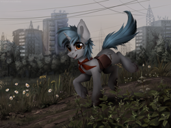 Size: 1957x1464 | Tagged: safe, artist:mithriss, oc, oc only, pony, unicorn, bag, building, daisy (flower), flower, grass, looking at you, power line, saddle bag, scenery, smiling, solo, tree