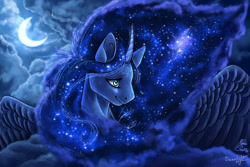 Size: 1500x1000 | Tagged: safe, artist:deerlight, artist:demonfromsnuffbox, princess luna, alicorn, pony, g4, bust, cloud, crescent moon, ethereal mane, female, mare, moon, night, portrait, sky, solo, spread wings, starry mane, wings