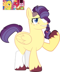 Size: 1280x1554 | Tagged: safe, artist:klawiee, big macintosh, flash sentry, sugar belle, oc, earth pony, pegasus, pony, g4, base used, bigsentry, female, freckles, gay, magical gay spawn, male, mare, offspring, parent:big macintosh, parent:flash sentry, parents:bigsentry, plump, screencap reference, shipping, simple background, stallion, transparent background