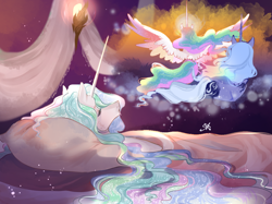 Size: 1000x746 | Tagged: safe, artist:bunnari, princess celestia, princess luna, pony, g4, dream, sleeping, story included