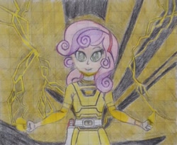 Size: 1024x840 | Tagged: safe, artist:nintencano, sweetie belle, equestria girls, g4, gekisou sentai carranger, graph paper, morphing, power rangers, power rangers turbo, traditional art, yellow racer, yellow ranger