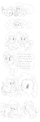 Size: 992x3035 | Tagged: safe, artist:heretichesh, oc, oc only, oc:dusty hoof, oc:peachy keen, oc:red pill, awkward, blushing, bush, comic, dialogue, drinking, simple background, sketch, straw, text, white background