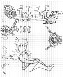 Size: 1944x2368 | Tagged: safe, artist:intfighter, oc, oc only, pegasus, anthro, clothes, graph paper, lineart, pegasus oc, shoes, shorts, sitting, smiling, traditional art, wings