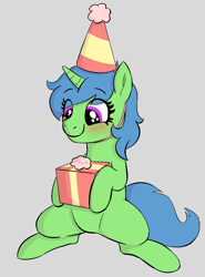 Size: 1089x1475 | Tagged: safe, artist:heretichesh, oc, oc only, oc:quick fix, pony, unicorn, big eyelashes, birthday, birthday gift, blushing, happy, hat, male, party hat, present, solo, stallion, trap