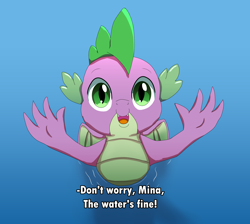 Size: 2450x2200 | Tagged: safe, artist:chiptunebrony, spike, dragon, g4, anime style, comforting, cute, dialogue, fake screenshot, high res, implied mina, lake, looking at you, male, reaching, ripple, shadow, silhouette, smiling, solo, spikabetes, subtitles, water, winged spike, wings