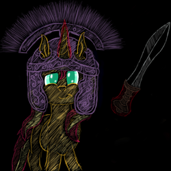 Size: 1000x1000 | Tagged: safe, artist:divifilly, sunset shimmer, pony, g4, black background, gladius, helmet, magic, magic aura, simple background, sketch, sword, weapon