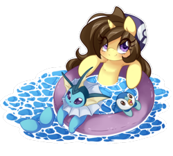 Size: 1000x900 | Tagged: safe, artist:loyaldis, oc, oc:astral flare, piplup, vaporeon, beanie, cute, daaaaaaaaaaaw, hat, heart eyes, inflatable toy, pokémon, pokémon trainer, pool toy, simple background, smiling, transparent background, water, wingding eyes