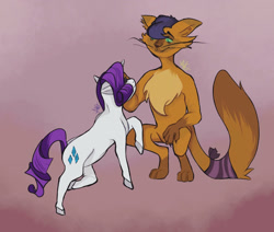 Size: 1808x1536 | Tagged: safe, artist:alocaisa, capper dapperpaws, rarity, abyssinian, pony, unicorn, anthro, g4, capperity, chest fluff, colored hooves, female, gradient background, male, mare, nudity, petting, shipping, straight