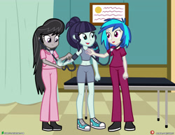 Size: 4000x3090 | Tagged: safe, artist:dieart77, coloratura, dj pon-3, octavia melody, vinyl scratch, equestria girls, g4, belly button, checkup, clothes, commission, compression shorts, converse, cycling shorts, doctor's office, high res, hospital, midriff, nurse, open mouth, pants, rara, scrubs (gear), shoes, shorts, sneakers, sphygmomanometer, sports bra, sports shoes, sports shorts, stethoscope, tension
