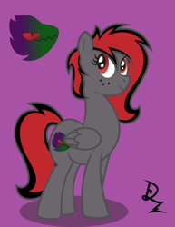 Size: 989x1280 | Tagged: safe, artist:drzedworth, artist:zedwin, oc, oc only, oc:dicemare, pegasus, pony, black and red, commission, cutie mark, digital art, eye lashes, female, folded wings, freckles, grey oc, hair, long hair, long mane, looking back, mare, pegasus oc, red eyes, red hair, reference sheet, smiling, solo, standing, wings