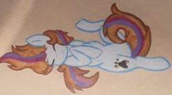 Size: 720x396 | Tagged: safe, artist:chewy-tartz, artist:fluffernutters16, oc, oc only, pegasus, pony, behaving like a cat, curly tail, diabetes, eyes closed, lying down, on back, smiling, solo