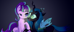 Size: 2000x870 | Tagged: safe, artist:mistleinn, queen chrysalis, starlight glimmer, changeling, changeling queen, pony, unicorn, g4, duo, female, open mouth