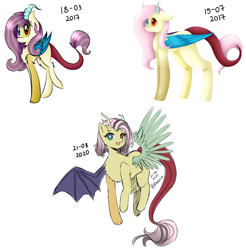 Size: 5320x5402 | Tagged: safe, artist:kawurin, discord, fluttershy, pegasus, pony, g4, 2017, 2020, absurd resolution, colored, female, flat colors, fusion, fusion:discord, fusion:fluttershy, heterochromia, open mouth, simple background, sketch, solo