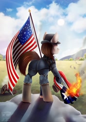 Size: 1530x2160 | Tagged: safe, artist:das_leben, oc, oc:rough seas, earth pony, pony, american civil war, american flag, battlefield, butt, cannon, civil war, flag, flag burning, old glory, plot, smoke, texas flag, union, united states