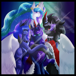 Size: 5800x5800 | Tagged: safe, artist:florarena-kitasatina/dragonborne fox, king sombra, princess celestia, princess luna, oc, oc:jules moonshade-darkov, pony, g4, absurd resolution, alternate design, clothes, colored horn, commission, curved horn, group hug, horn, hug, jewelry, peytral, photo, regalia, robe, shading, signature, sombra eyes, sombra horn, watermark