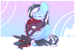 Size: 1800x1200 | Tagged: safe, artist:twily-star, oc, oc only, oc:buffonsmash, oc:dicemare, pegasus, pony, abstract background, art, beautiful, black, black and red, blue, blue oc, colored, commission, cuddling, cute, dicesmash, digital art, eyes closed, female, finished commission, grey oc, hair, hug, long hair, long mane, male, mane, mare, open mouth, pegasus oc, pretty, red, shading, sitting, snuggling, stallion, wings