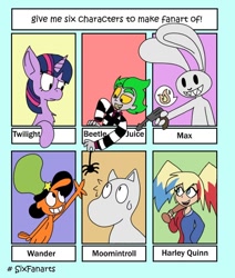 Size: 828x978 | Tagged: safe, artist:diggity_duck, twilight sparkle, human, pony, rabbit, spider, unicorn, anthro, g4, :d, animal, anthro with ponies, baseball bat, beetlejuice, bust, clothes, crossover, dc comics, female, grin, gun, harley quinn, hat, male, mare, moomins, open mouth, pictogram, sam and max, six fanarts, smiling, sweat, unicorn twilight, wander (wander over yonder), wander over yonder, weapon