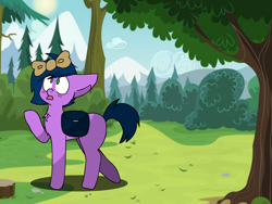 Size: 1684x1268 | Tagged: safe, artist:diggity_duck, oc, oc only, earth pony, pony, bag, bow, earth pony oc, female, filly, hair bow, looking up, mountain, outdoors, raised hoof, saddle bag, solo, tree