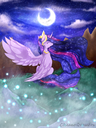 Size: 2500x3321 | Tagged: safe, artist:quasafox, twilight sparkle, alicorn, firefly (insect), insect, pony, g4, the last problem, cloud, crescent moon, crown, crying, ethereal mane, female, grass, high res, immortality blues, jewelry, mare, moon, night, older, older twilight, older twilight sparkle (alicorn), princess twilight 2.0, regalia, sad, solo, twilight sparkle (alicorn)