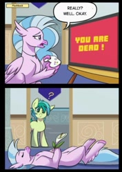 Size: 708x1001 | Tagged: safe, sandbar, silverstream, earth pony, hippogriff, pony, g4, comic, dead, dialogue, flower, literal, misunderstanding, playing dead, speech bubble, video game