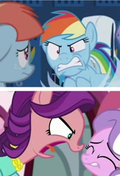 Size: 1105x1618 | Tagged: safe, edit, screencap, diamond tiara, rainbow dash, spoiled rich, windy whistles, earth pony, pegasus, pony, crusaders of the lost mark, g4, parental glideance, angry, comparison, eyes closed, female, filly, lip bite, mare, yelling