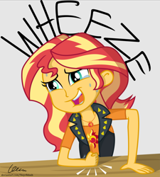 Size: 3775x4194 | Tagged: safe, artist:mr-breadman, sunset shimmer, equestria girls, equestria girls series, g4, crying, female, laughing, show accurate, solo, table, tears of laughter, wheeze
