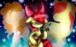 Size: 3098x1936 | Tagged: safe, artist:singalek-onyoutube, apple bloom, bright mac, pear butter, earth pony, pony, g4, bipedal, crying, family, guitar, musical instrument, tears of joy