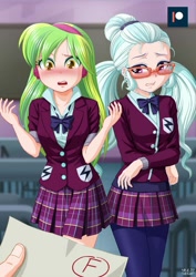 Size: 707x1000 | Tagged: safe, artist:uotapo, edit, editor:gatogordo1, lemon zest, sugarcoat, oc, oc:anon, equestria girls, g4, blushing, clothes, crystal prep academy uniform, cute, f, female, glasses, gritted teeth, headphones, human coloration, leggings, open mouth, patreon, patreon logo, pigtails, plaid skirt, pleated skirt, school, school uniform, skirt, sugarcute, test, twintails, zestabetes